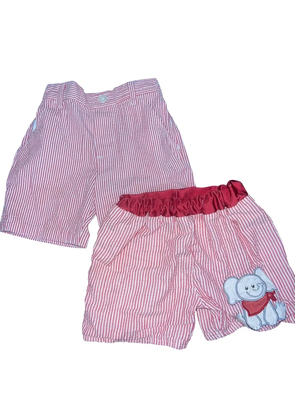 Red & White Seersucker Boy 2T Shorts Set with Elephant Patch